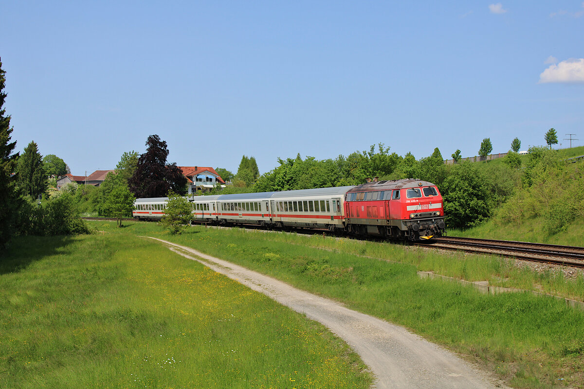 DB 218 429-9 fährt mit dem IC 2085 über die Allgäubahn bei Martinszell zur Fahrt nach Oberstdorf. (28.05.2023)