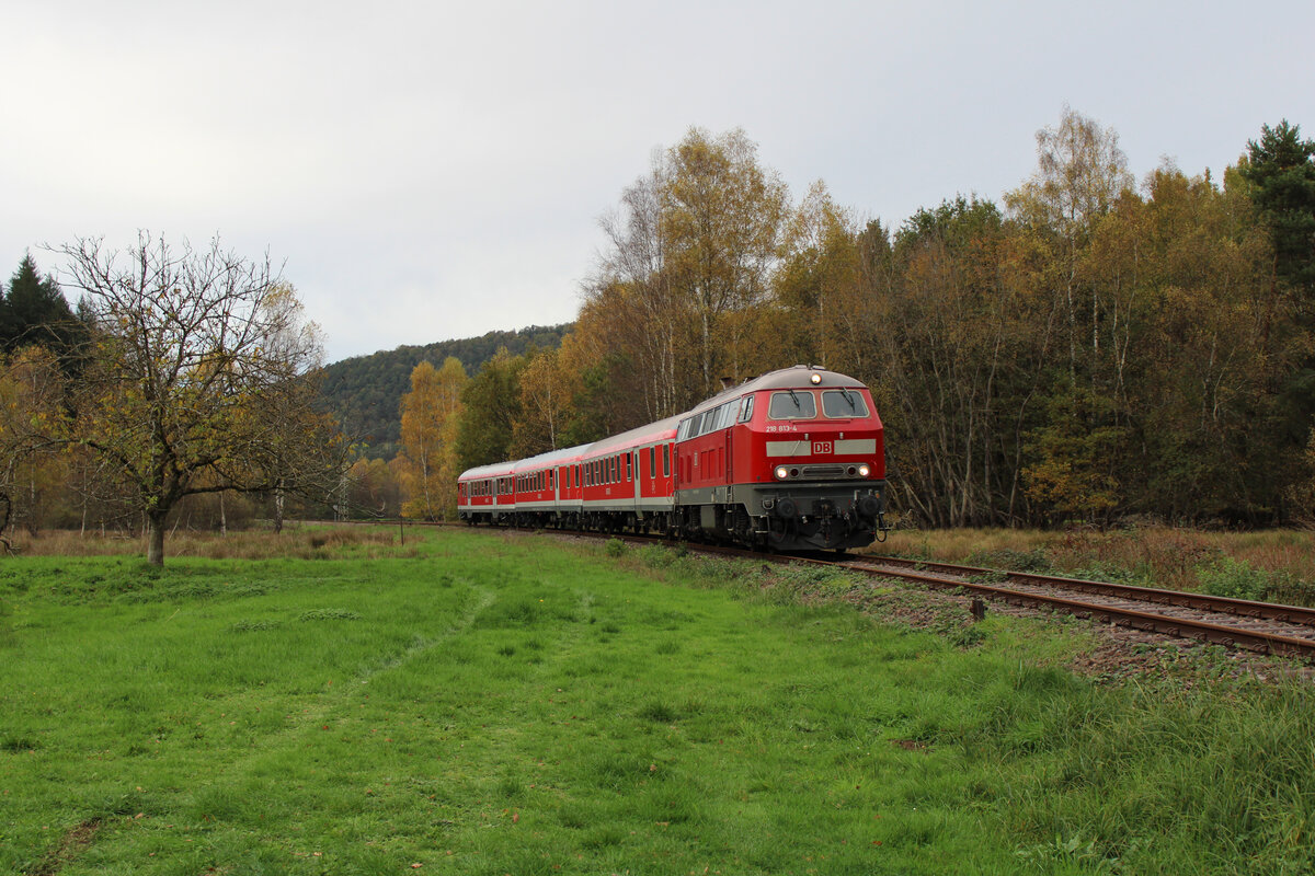 DB 218 813-4 erreicht mit ihrem Martinimarkt-Sonderzug den Ort Dahn zur Fahrt nach Bundenthal-Rumbach. (06.11.2022)