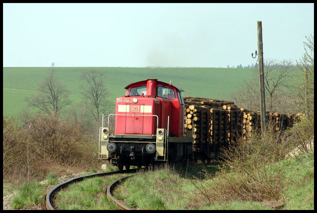 DB 290008 erreicht hier mit einem schweren Holzzug den Zielort Friesau!