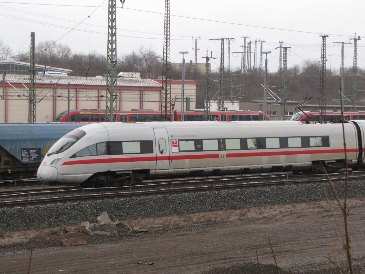 DB 411 074-8  Hansestadt Warburg  als ICE 1642 von Leipzig Hbf nach Frankfurt (M) Flughafen Fernbf, am 19.03.2016 am DB Werk Erfurt.