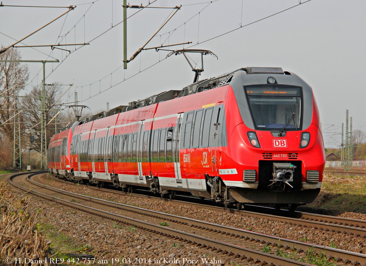 DB 442 757 mit RE9 in K�ln Porz Wahn, M�rz 2014.
