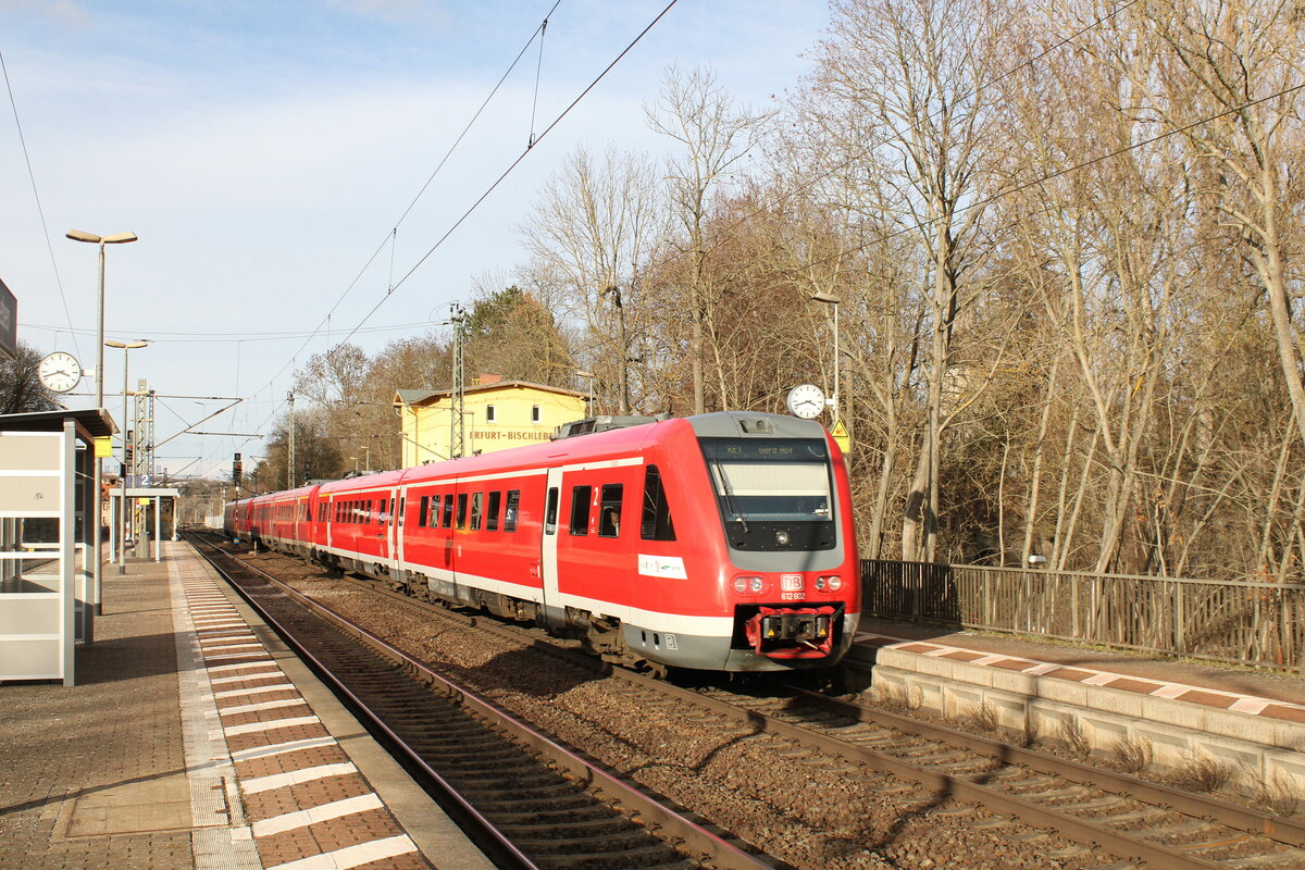 DB 612 602 als RE 3663 von Göttingen nach Glauchau (Sachs), am 20.02.2023 in Erfurt-Bischleben. Dieser Zugteil verkehrt allerdings nur bis Gera Hbf.
