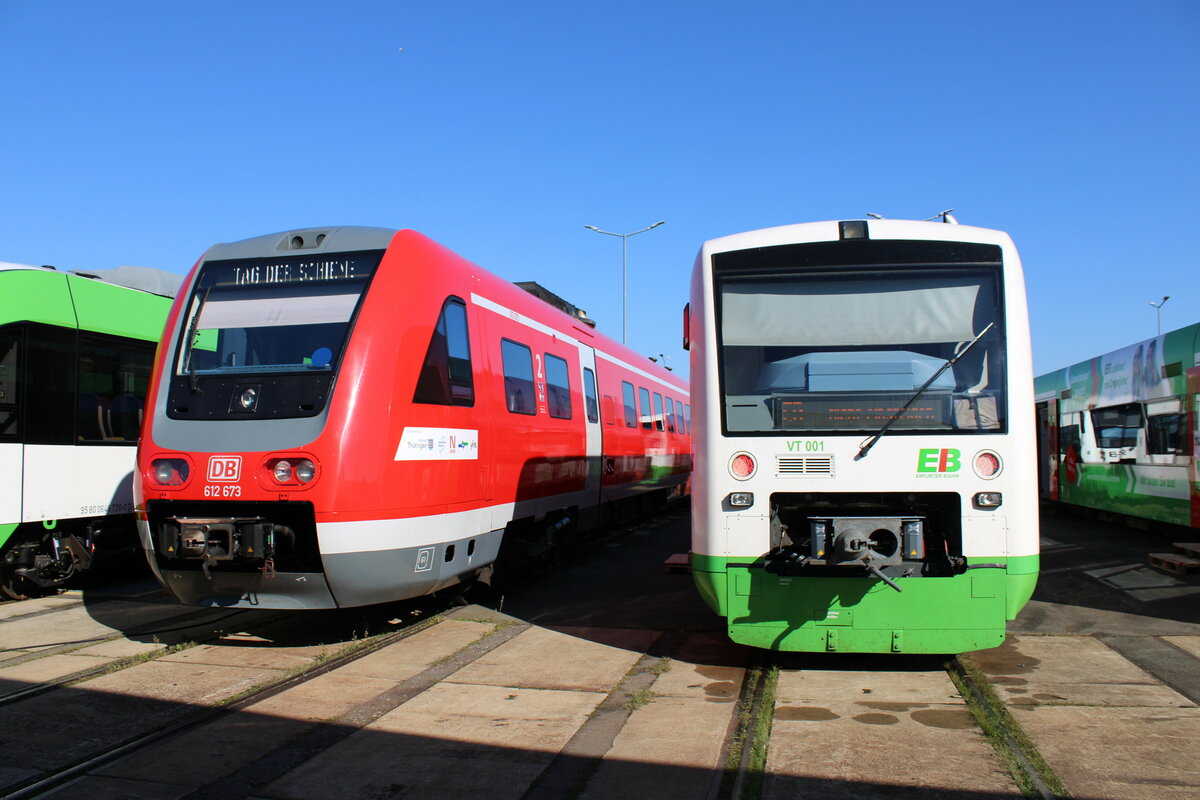 DB 612 673 + EB VT 001  Stadt Erfurt  (95 80 0650 401-2 D-EIB) am 16.09.2023 beim Tag der offenen Tr bei der Erfurter Bahn  111 Jahre Erfurter Bahn  in Erfurt Ost.