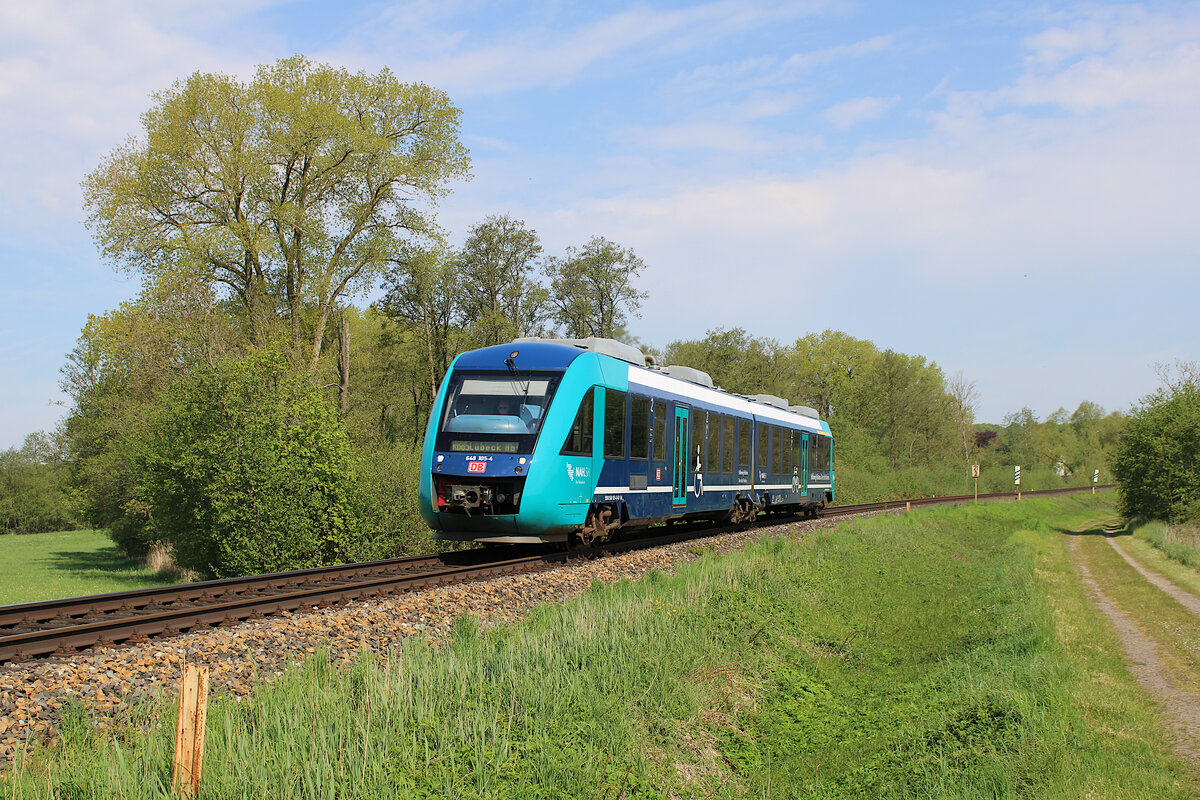 DB 648 105-4 dieselt als RB85 von Neustadt(Holst) über die Bäderbahn nach Lübeck Hbf und hat hier gerade Haffkrug verlassen. (14.05.2023)