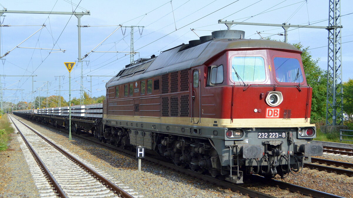 DB Bahnbau Gruppe GmbH, Berlin mit  232 223-8  (NVR:  92 801232 223-8 D-DB ) und einem Güterzug Oberbaustoffwagen mit Betonschwellen für Gleise am 19.10.21 Durchfahrt Bf. Golm (Potsdam).