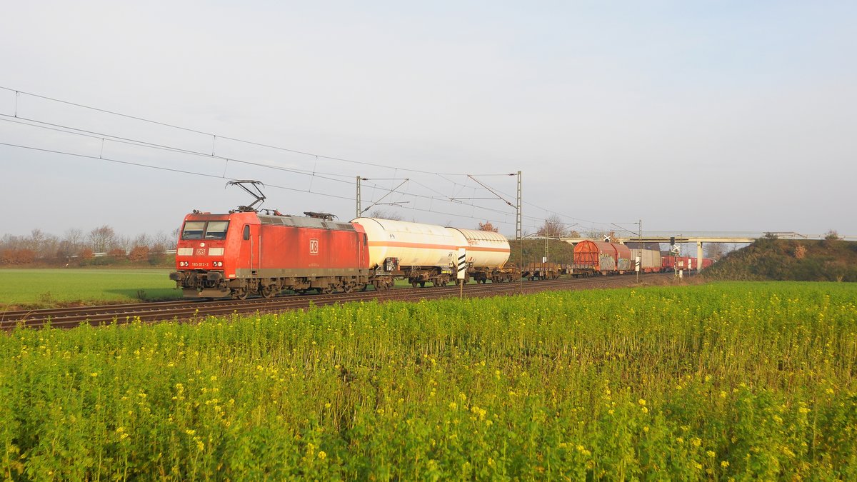 DB Cargo 185 012 fährt mit mit EZ 51024 Maschen Rbf - Hagen-Vorhalle an einem teilweise blühenden Rapsfeld vorbei (Marl, NI, 11.01.2020).