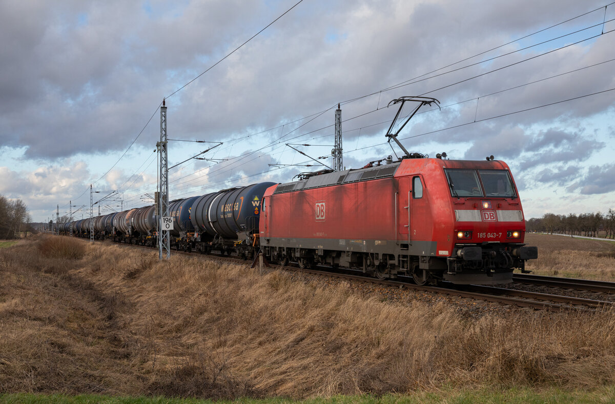 DB Cargo 185 043 am 15.01.2023 mit Kesselzug bei Groß Kiesow.
