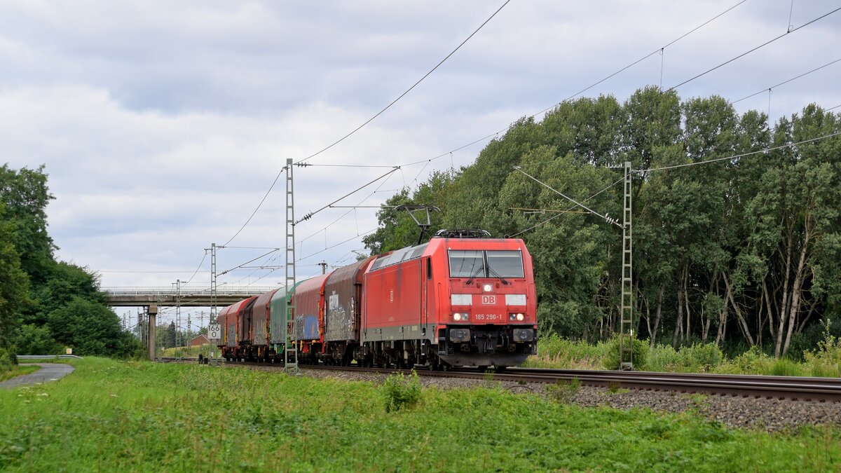 DB Cargo 185 296 mit mehreren Schiebeplan- und einem Schiebehaubenwagen in Richtung Osnabrück (zwischen Lembruch und Diepholz, 25.08.2021).
