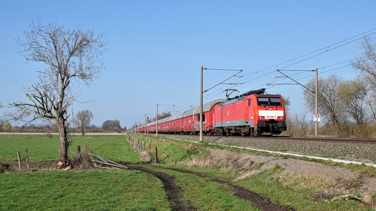 DB Cargo 189 080 mit Autotransportzug GA 48576 Bremen-Seebaldsbrck - Zeebrugge Ramskapelle (Hde, 22.03.19).
