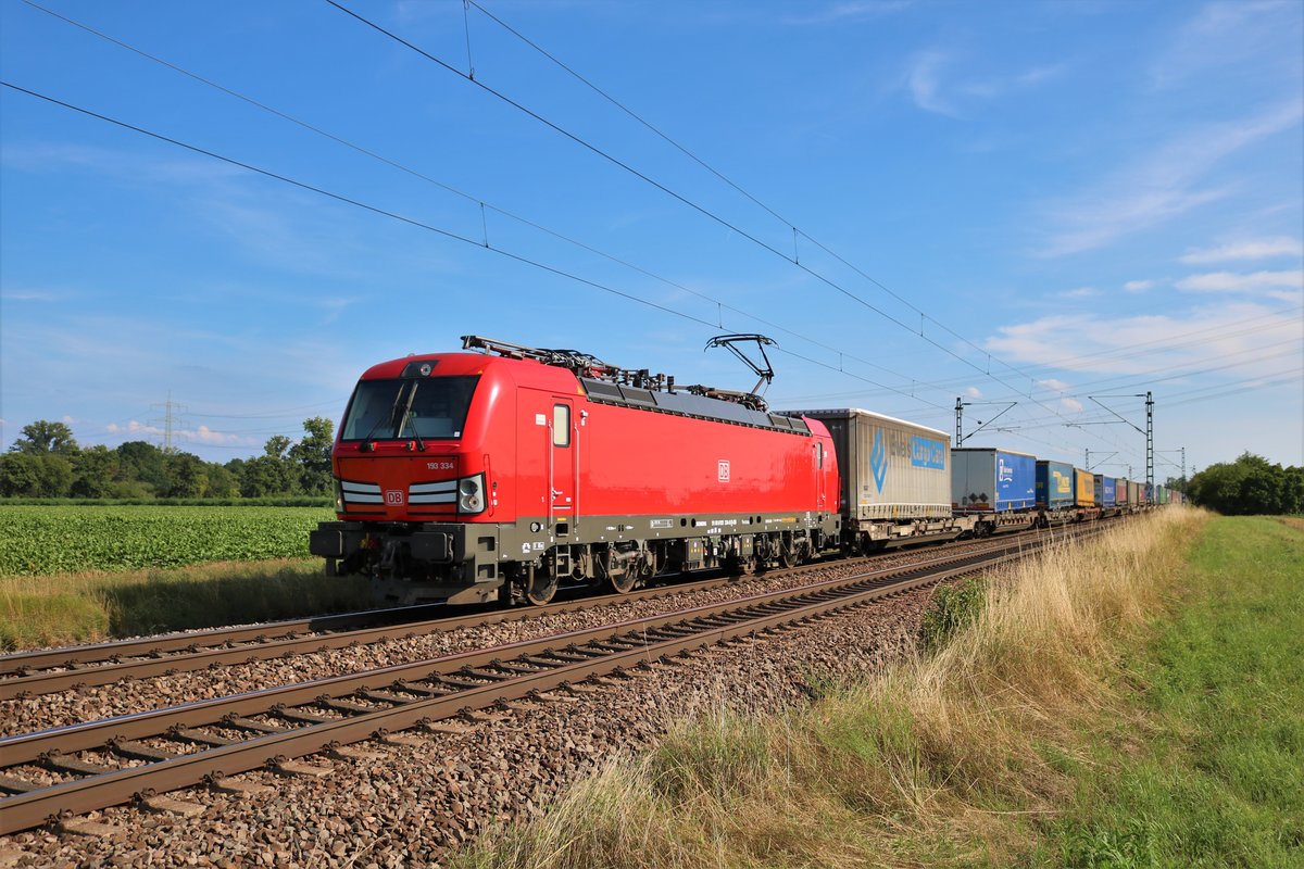 DB Cargo 193 334-0 mit einen KLV am 04.08.19 bei Wolfskehlen
