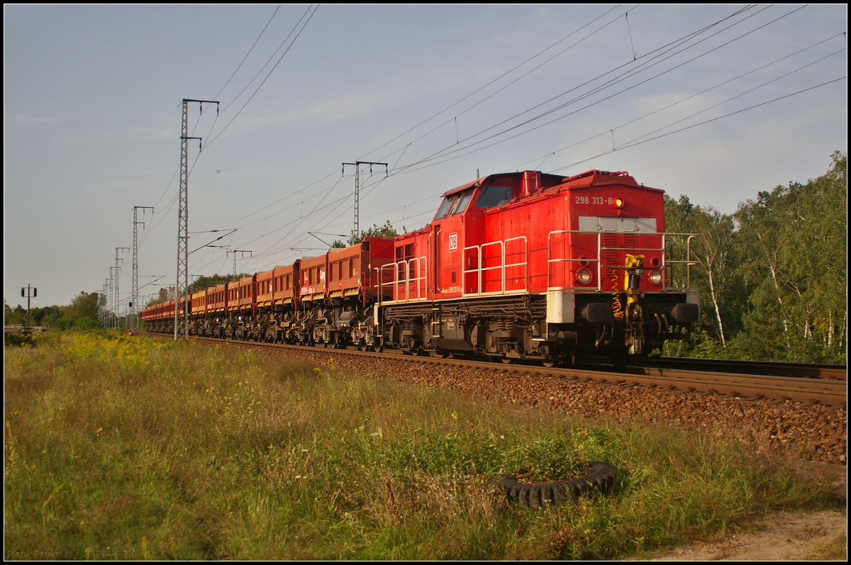 DB Cargo 298 313-8 fuhr mit leeren Falns-Wagen am 30.08.2017 durch die abendliche Wuhlheide in Berlin