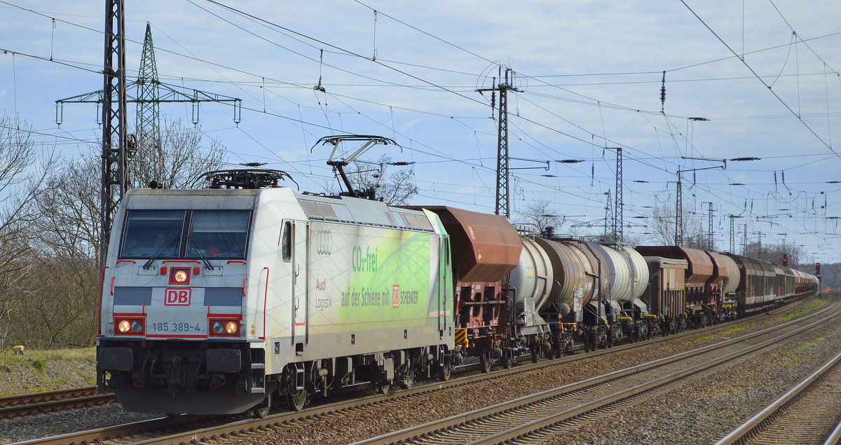 DB Cargo AG [D] mit  185 389-4  [NVR-Nummer: 91 80 6185 389-4 D-DB] und gemischtem Güterzug Richtung Seddin am 11.03.20 Bf. Saarmund.