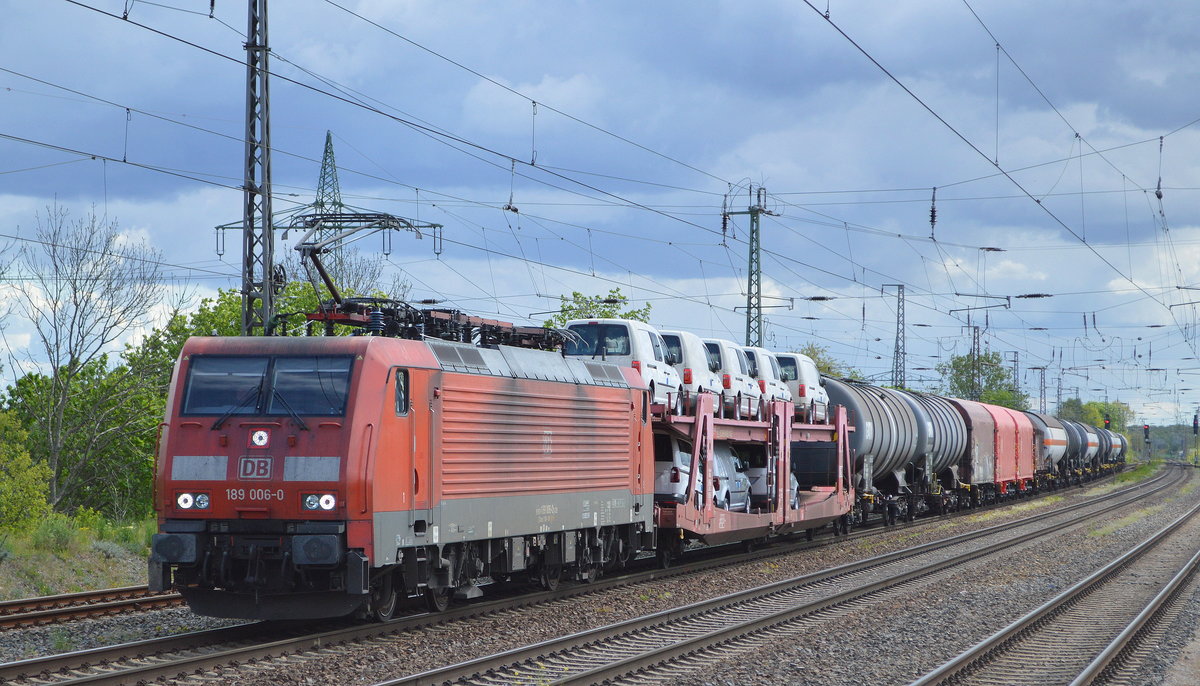 DB Cargo AG [D] mit  189 006-0  [NVR-Nummer: 91 80 6189 006-0 D-DB] und gemischtem Güterzug Richtung Seddin am 05.05.20 Bf. Saarmund.