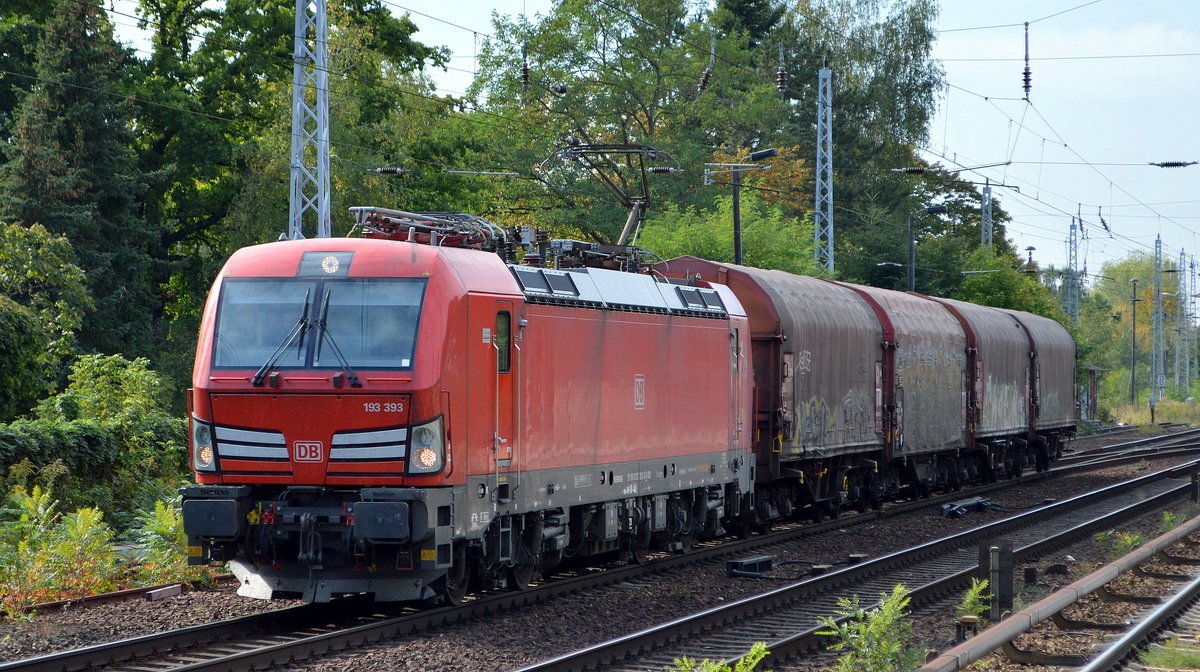 DB Cargo AG [D] mit  193 393  [NVR-Nummer: 91 80 6193 393-6 D-DB] mit einigen Schiebeplanenwagen Richtung Ziltendorf EKO am 29.09.20 Berlin Hirschgarten.  