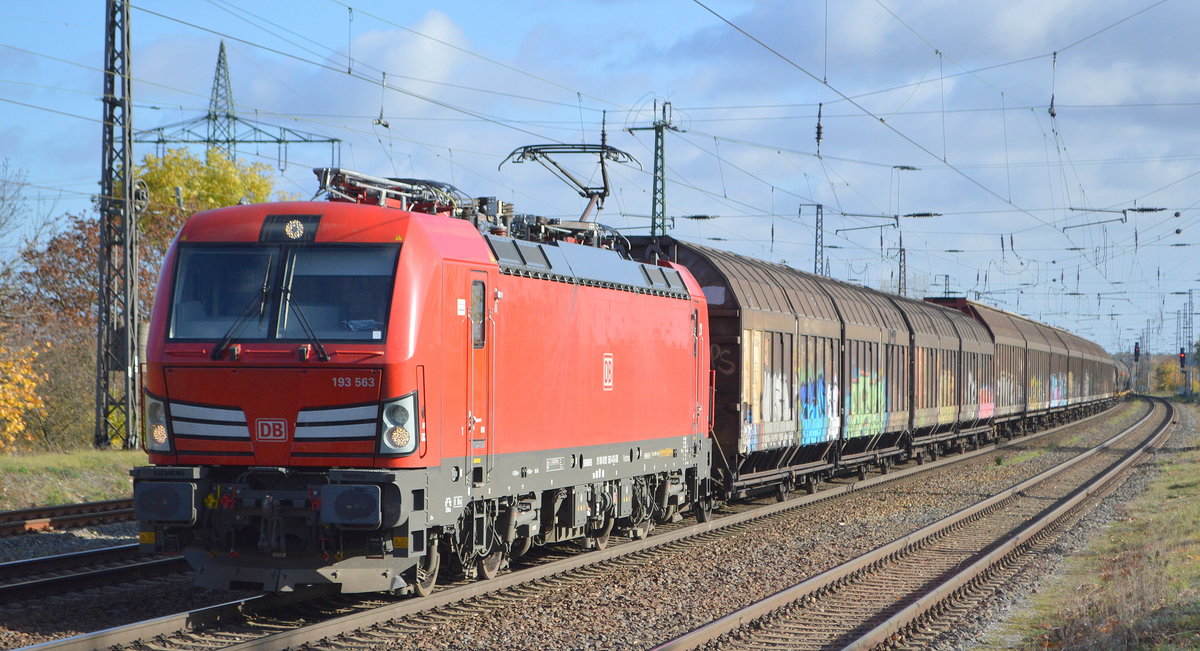 DB Cargo AG [D] mit  193 563  [NVR-Nummer: 91 80 6193 563-4 D-DB] und gemischtem Güterzug Richtung Rangierbahnhof Seddin am 05.11.20 Bf. Saarmund.