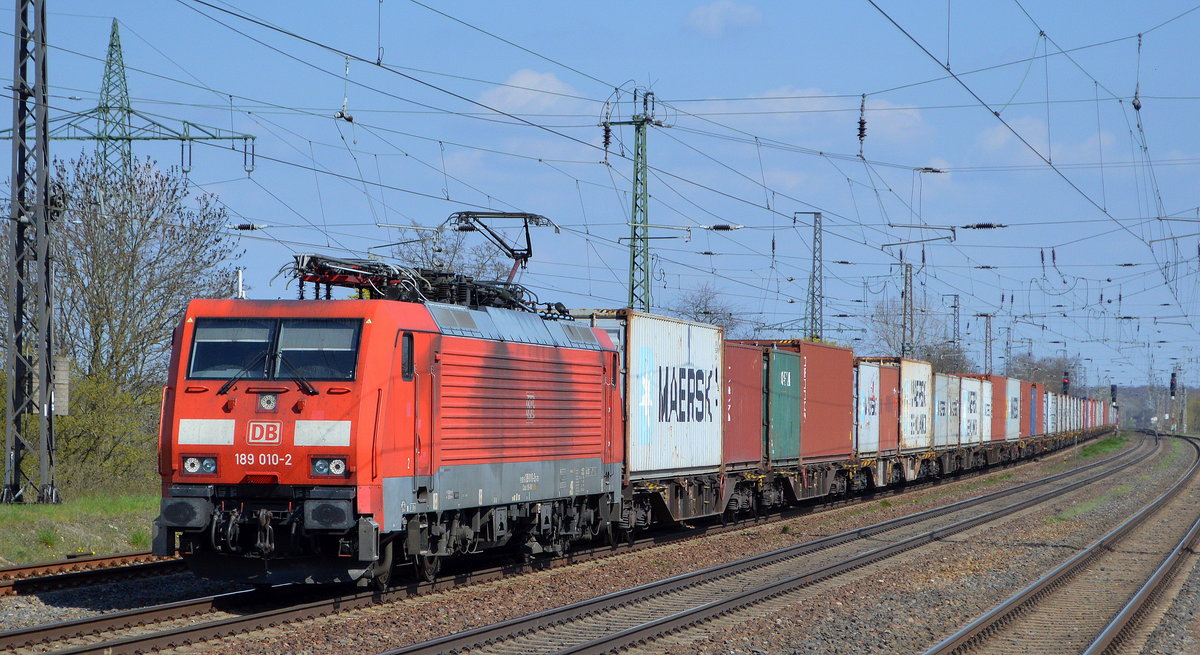 DB Cargo AG [D] mit  189 010-2  [NVR-Nummer: 91 80 6189 010-2 D-DB] und Containerzug am 20.04.21 Durchfahrt Bf. Saarmund.