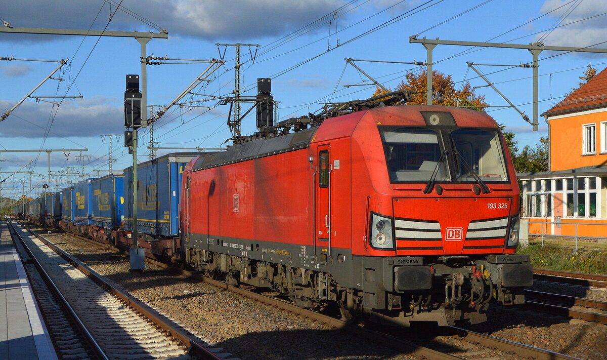 DB Cargo AG [D] mit  193 325  [NVR-Nummer: 91 80 6193 325-8 D-DB] und KLV-Zug am 19.10.22 Durchfahrt Bahnhof Golm. 