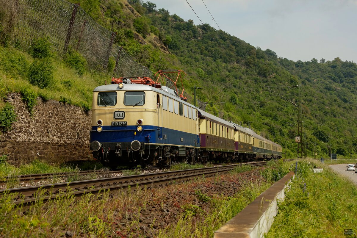 DB E10 1239 mit FEK-Rheingold bei Kampbornhofen, Mai 2023.