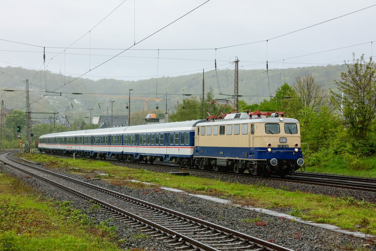 DB E10 1239 mit TRI-Fu�ballsonderzug nach Dortmund in Wuppertal, April 2024.