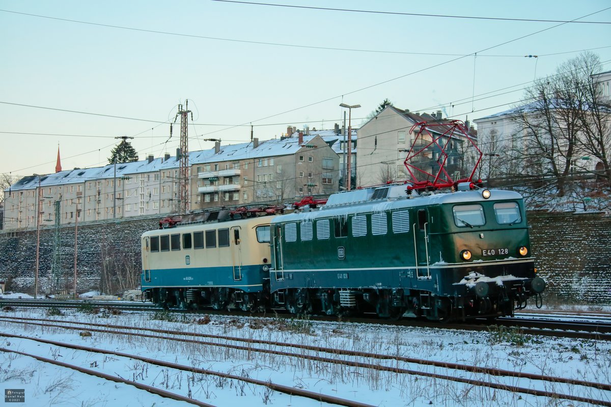 DB E40 128 & DB 140 423 in Wuppertal, Februar 2021.