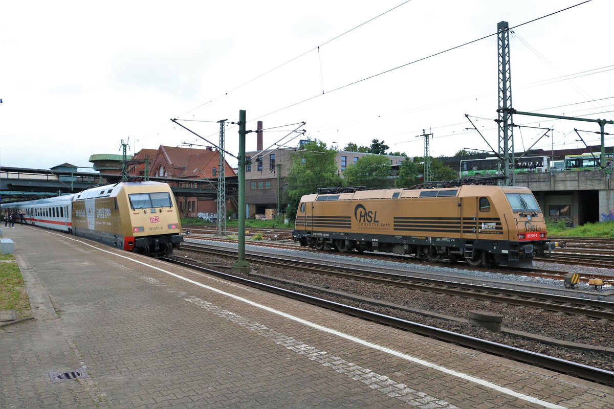 DB Fernverkehr 101 071-9 Zeit für Gold trifft am 16.07.19 in Hamburg Harburg auf HSL 185 597-2 