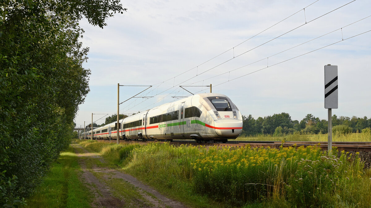 DB Fernverkehr Tz 9028 (412 028)  Freistaat Sachsen  mit Werbung  Deutschlands schnellster Klimaschützer  als ICE 1038 Köln Hbf - Hamburg-Altona, es führt 5812 028 (Hüde, 04.08.2022).