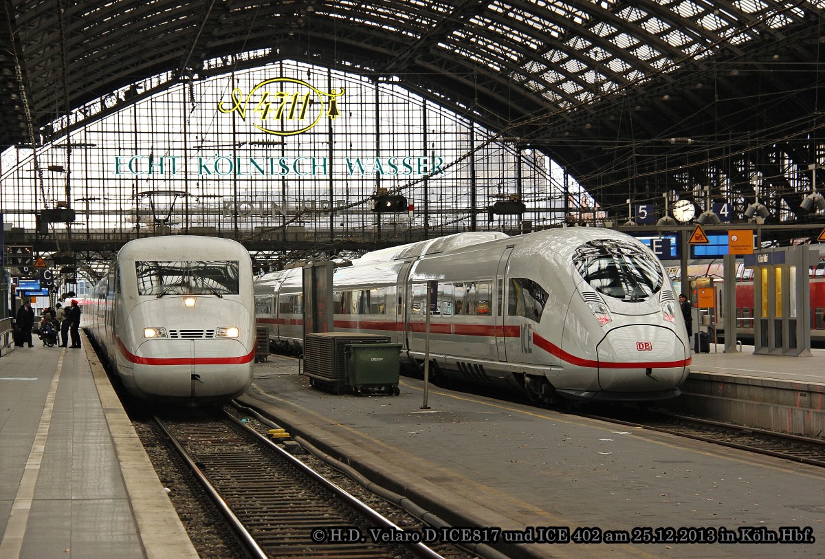 DB ICE 402 & DB ICE Velaro D 407 017-3 in K�ln Hbf, Dezember 2013.