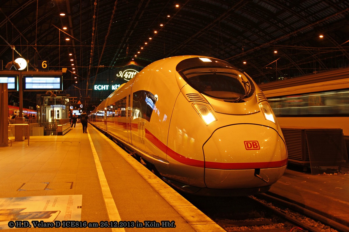 DB ICE Velaro D 407 013 als ICE816 in K�ln Hbf, Dezember 2013.