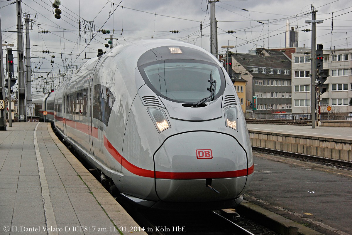 DB ICE Velaro D 407 013 als ICE817 bei der Einfahrt in K�ln Hbf, Januar 2014.