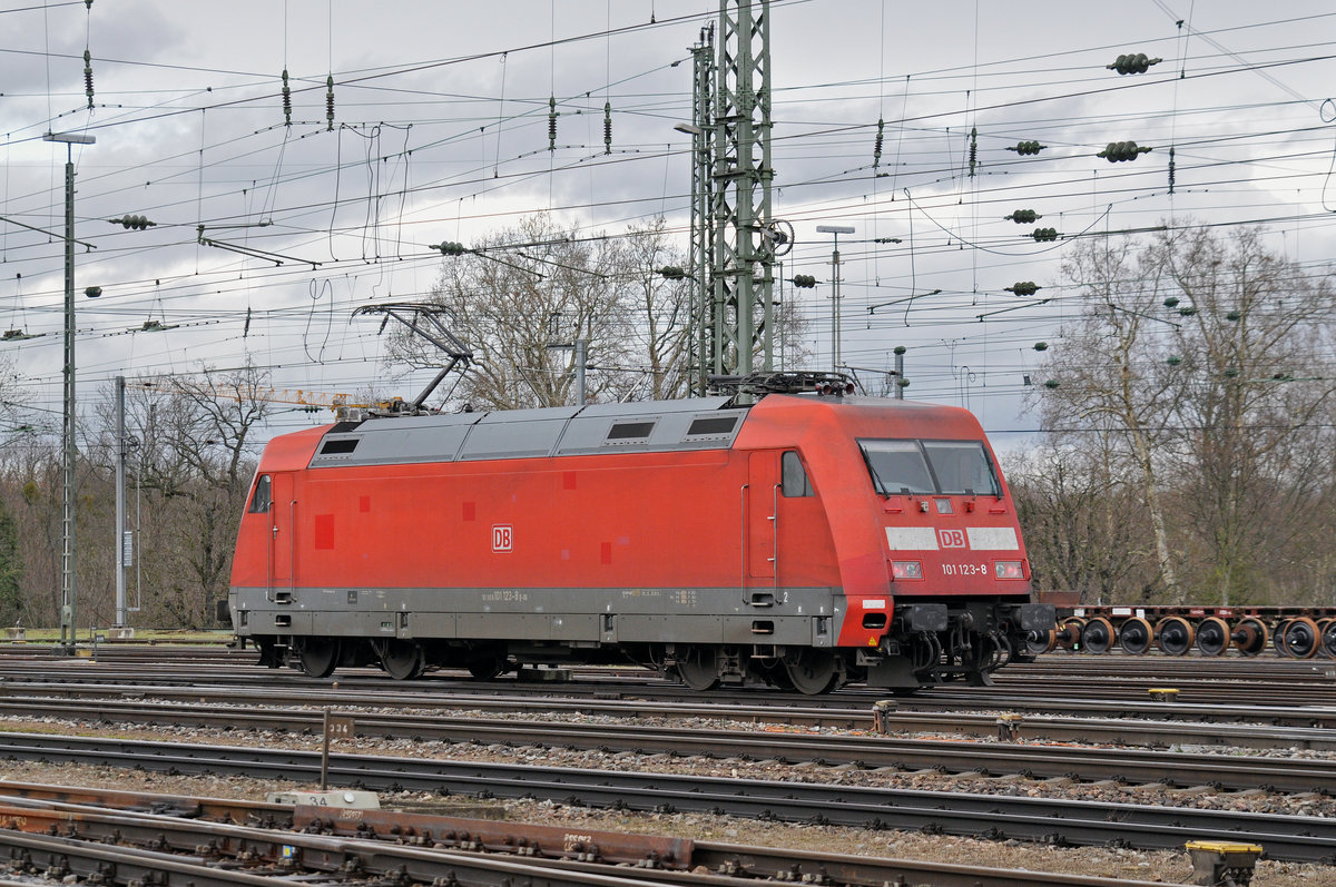 DB Lok 101 123-8 durchfährt den Badischen Bahnhof. Die Aufnahme stammt vom 19.01.2018.