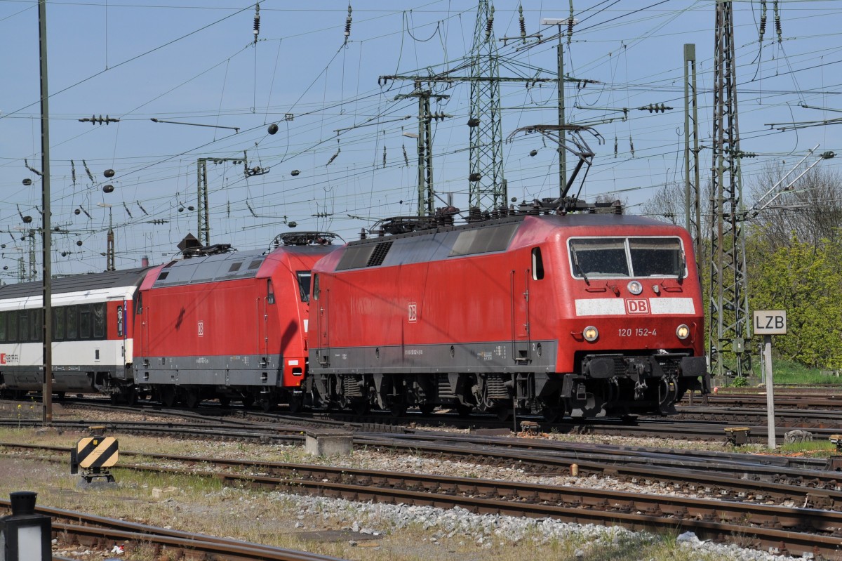 Db Lok 120 152-4 durchfährt den Badischen Bahnhof. Die Aufnahme stammt vom 10.04.2014.