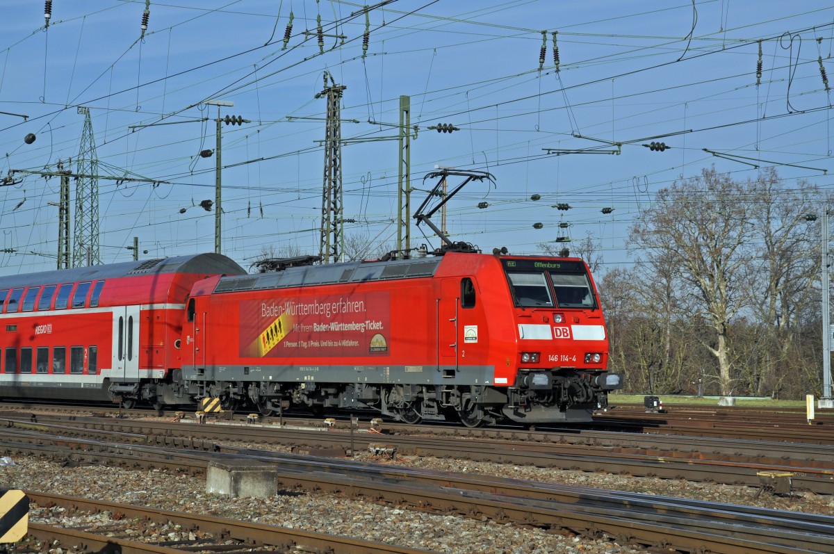 DB Lok 146 114-4 durchfährt den Badischen Bahnhof. Die Aufnahme stammt vom 06.01.2015.