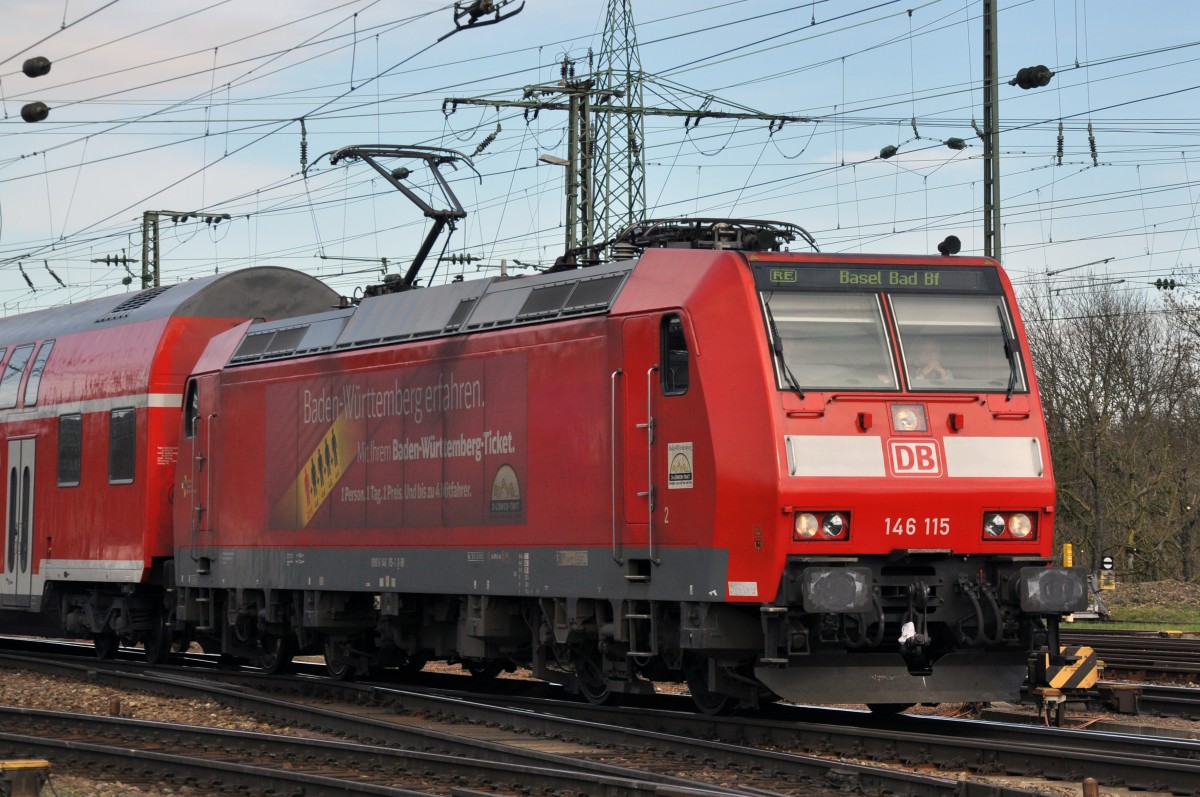 Db Lok 146 115-1 beim Badischen Bahnhof in Basel. Die Aufnahme stammt vom 28.02.2014.