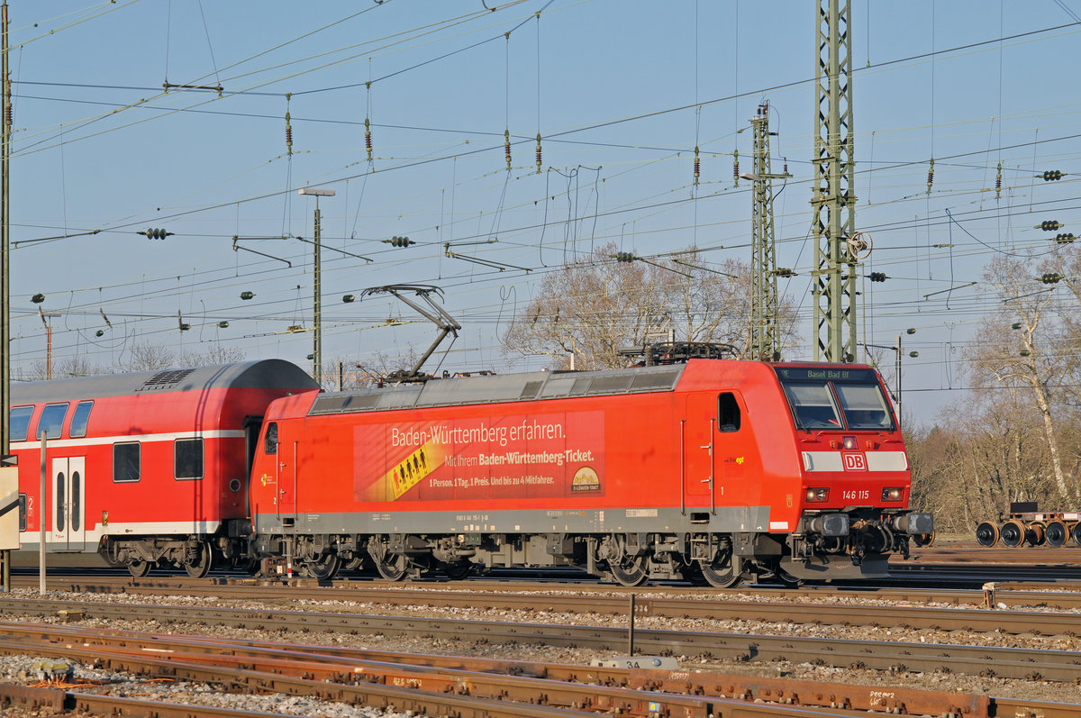 DB Lok 146 115-1 fährt beim Badischen Bahnhof ein. Die Aufnahme stammt vom 13.01.2018.