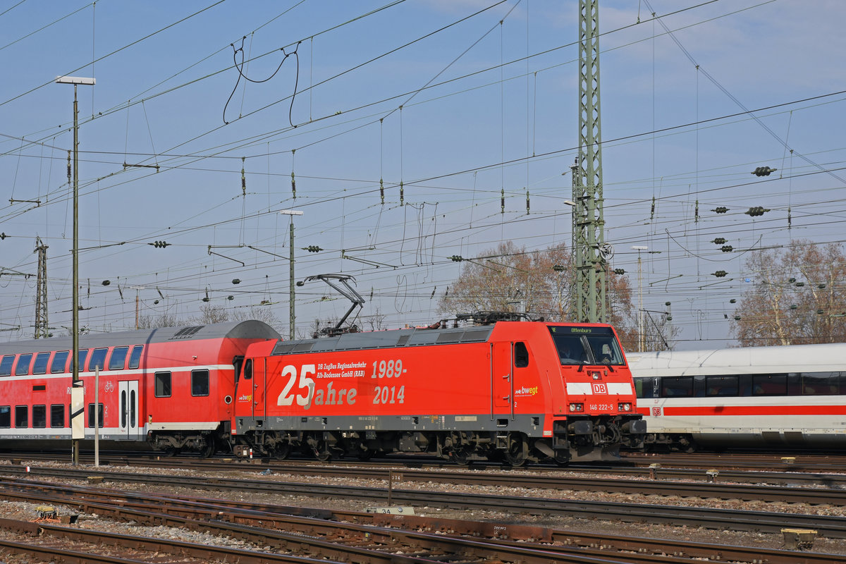 DB Lok 146 222-5 fährt beim badischen Bahnhof ein. Die Aufnahme stammt vom 19.02.2019.
