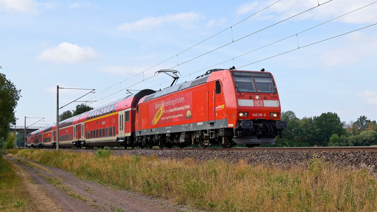 DB Regio 146 116  Baden-Württemberg erfahren  mit RE 9 (4454) Osnabrück Hbf - Bremerhaven-Lehe (Hüde, 08.08.19).