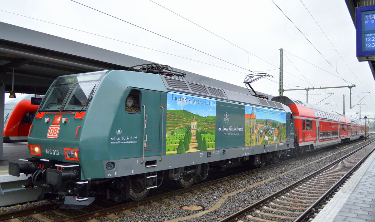 DB Regio AG mit  146 010  [NVR-Nummer: 91 80 6146 010-4 D-DB] Ganzwerbung  Schloss Wackerbarth  im Einsatz mit RB in Sachsen-Anhalt am 29.04.19 Magdeburg Hbf.