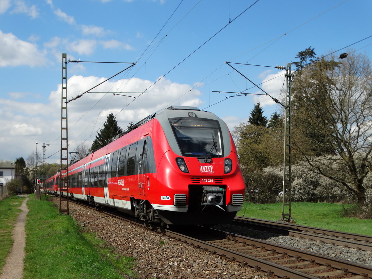 DB Regio Mittelhessenexpress 442 291 am 08.04.16 bei Hanau West. Normalerweise Fahren diese Züge über Bad Vilbel nach Friedberg, aber durch Bauarbeiten werden Sie bis zum 10.04.16 über Maintal und Hanau umgeleitet. Bei Trainspottern werden diese Triebwagen auch als Hamsterbacke bezeichnet