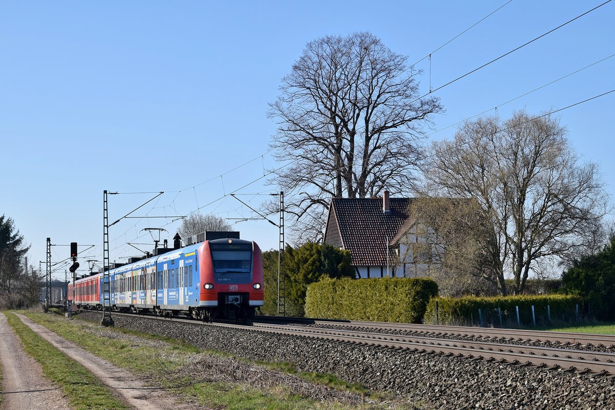 DB Regio (S-Bahn Hannover) 424 006/506  Neustadt am Rübenberge  und 424 005/505  Wedemark  als S 1 Minden (Westf.) - Haste (Probsthagen, 27.02.19).