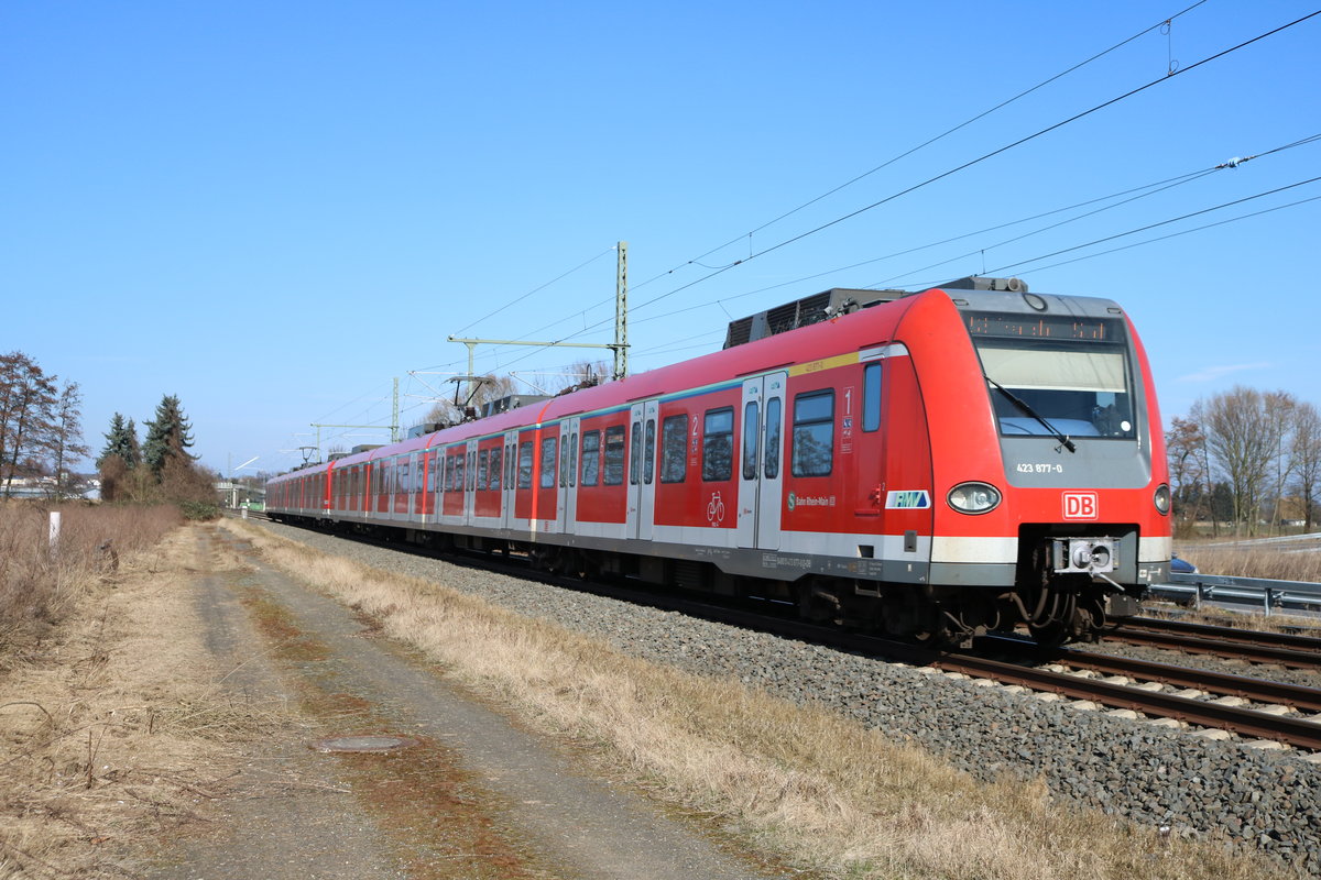 DB S-Bahn Rhein Main 423 877-0 und 423 xxx-x am 24.02.18 als S6 nach Frankfurt Süd bei Karben (Wetterau)