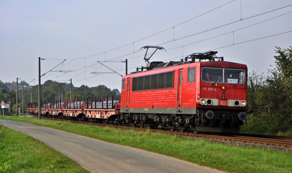 DB Schenker Rail 155 269 mit einem Zug mit Rundstahl beladenen Zug in Richtung Osnabrück (Laggenbeck, 06.10.14).