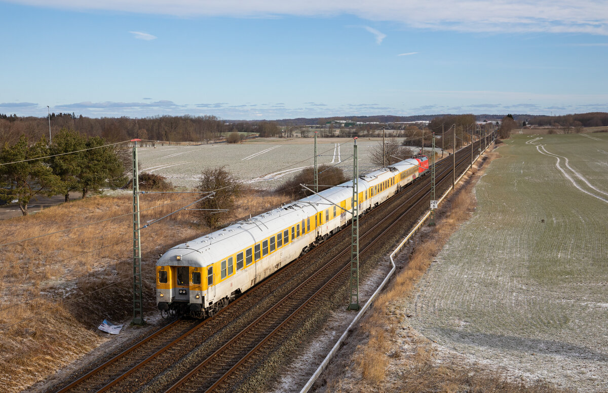 DB Systemtechnik Messzug geschoben von 182 506 am 09.03.2023 zwischen Bergen und Teschenhagen.