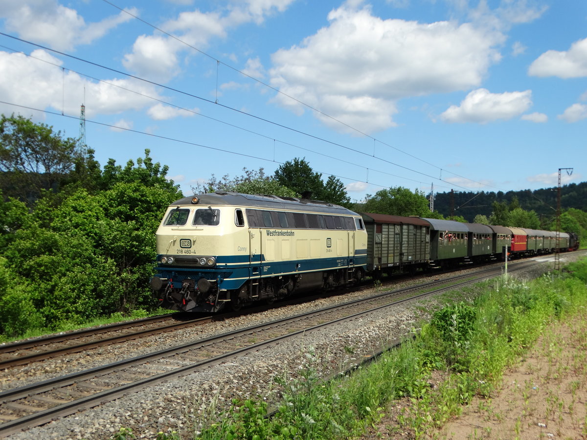 DB Westfrankenbahn 218 460-4 Conny auf der Spessartrampe am 25.05.17. Das Foto wurde von einen Gehweg aus fotografiert