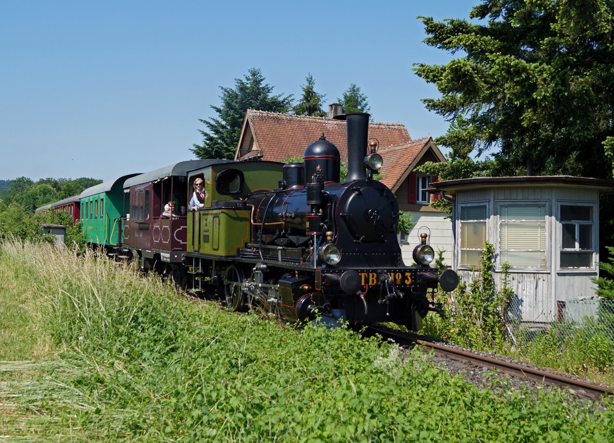 DBB: Obschon im Jahre 1994 der Personenverkehr auf dem Streckenabschnitt Solothurn-Büren an der Aare stillgelegt und auf Busbetrieb umgestellt wurde, verkehrten am 7. Juni 2015 dank dem Verein Dampfbahn Bern Personenzüge auf dieser reizvollen Strecke entlang der Aare. Ed 3/3 3 (1901) + Bistro + C2 + Bi 523 + Bi 524 beim Passieren eines erhalten gebliebenen Bahnwärter-Häuschen bei Büren an der Aare.
Foto: Walter Ruetsch  