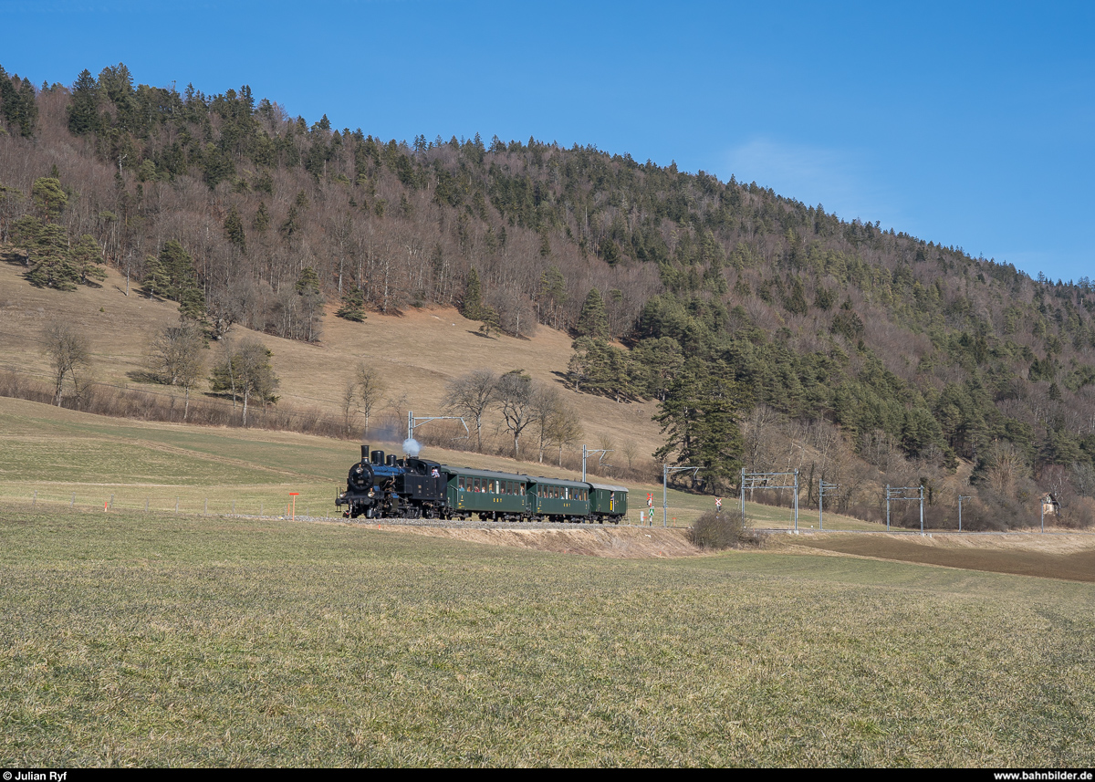 DBB Winterdampffahrt am 17. Februar 2019: Habersack Eb 3/5 5810 kurz vor Sonceboz-Sombeval.