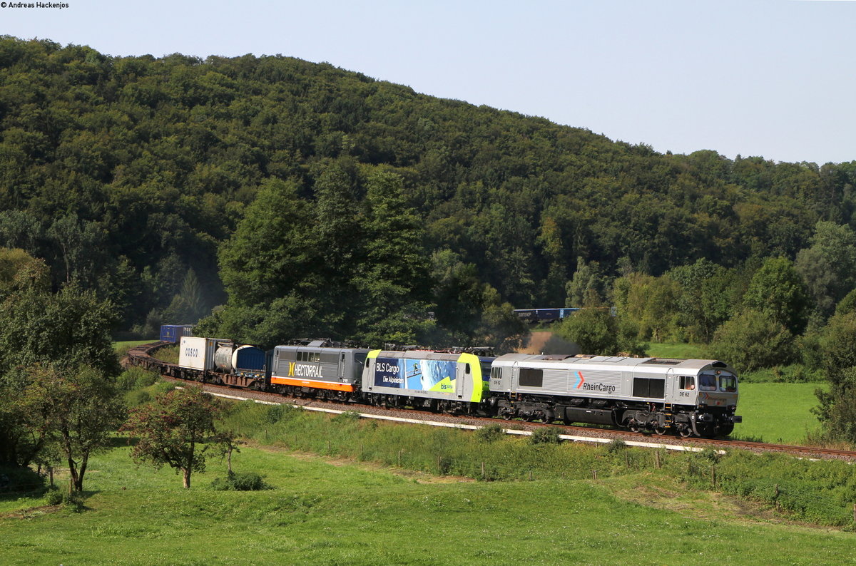 DE 62 und Re 485 009-5 und 162 003 mit dem DGS 69008 (Chiasso Smistamento - Krefeld Uerdingen) bei Mühlen 26.8.17