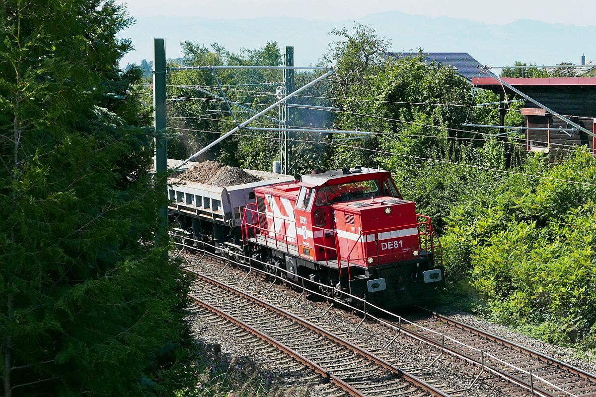DE81 der RheinCargo (98 80 0272 019-7 D-RHC) zieht am 12.08.2020 bei Bodolz die mit Erdaushub beladenen Wagen zur Entladestelle in der Nhe von Oberreitnau.
