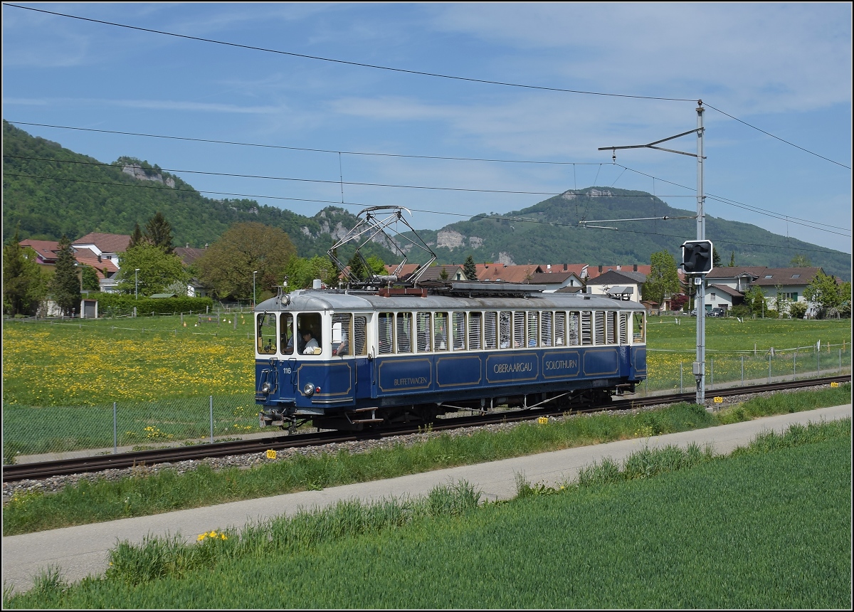 Der 100-jhrige BRe 4/4 116 zum 100-jhringen Jubilum der Solothurn-Niederbipp-Bahn in Niederbipp. April 2018.