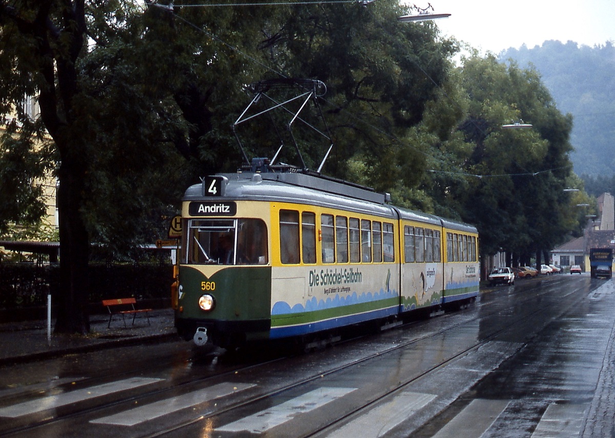 Der 1984 von der Wuppertaler Straßenbahn übernommene Grazer Tw 560 wurde im Sommer 1986 auf der Linie 4 nach Andritz eingesetzt