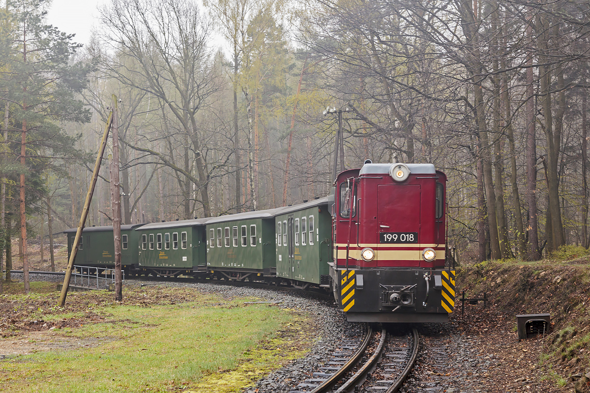 Der 199 018 mit dem Zug von Kurort Oybin, die Ankunft zum Bahnhof Bertsdorf am 14. April 2019.